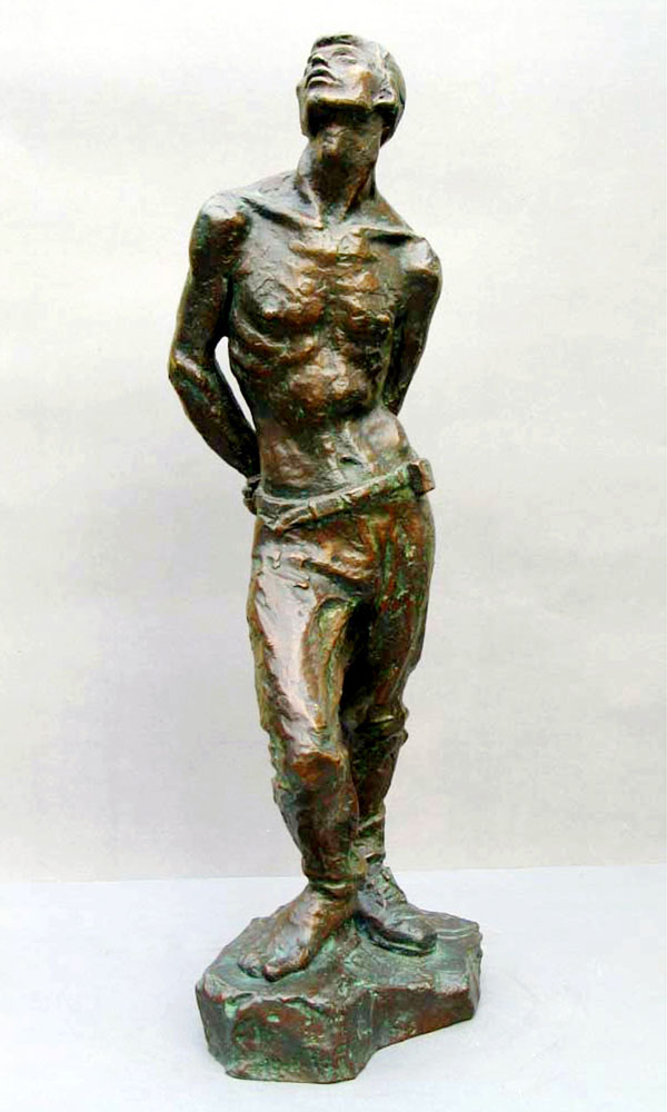 A gallery photograph of the same young male sculpture - lost wax bronze casting of the sculpture