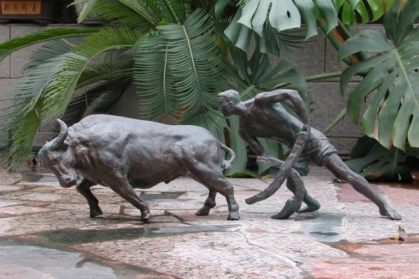 Bronze resin Chinese Bull with Chinese Farmer by Chinese sculptor Zhang Yaxi - can be commissioned as a monumental sculpture or available as a limited edition bronze or unlimited resin bronze edition