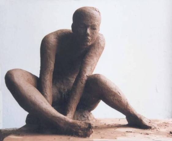 Clay sculpture "Fishing" by contemporary Chinese sculptor Zhang Yaxi - see also the terra cotta version below