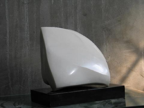 Another view of the same abstract white marble sculpture